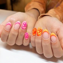 French Tip Press on Nails Short Round Pink Orange Starfish Fake Nails Stick on Nails Hibiscus Flower Acrylic Nails with Glossy Full Cover Summer Floral False Nails Tips for Women Girls Nail Art 24 Pcs