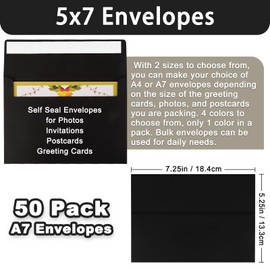 Meiikun Envelopes 5x7, 50 Pack A7 Envelopes Self Seal, Printable Invitation Envelopes for 5x7 Thank You Cards, Wedding Invitations, Photo Paper, Black Envelope for Graduation, Baby Shower, Party