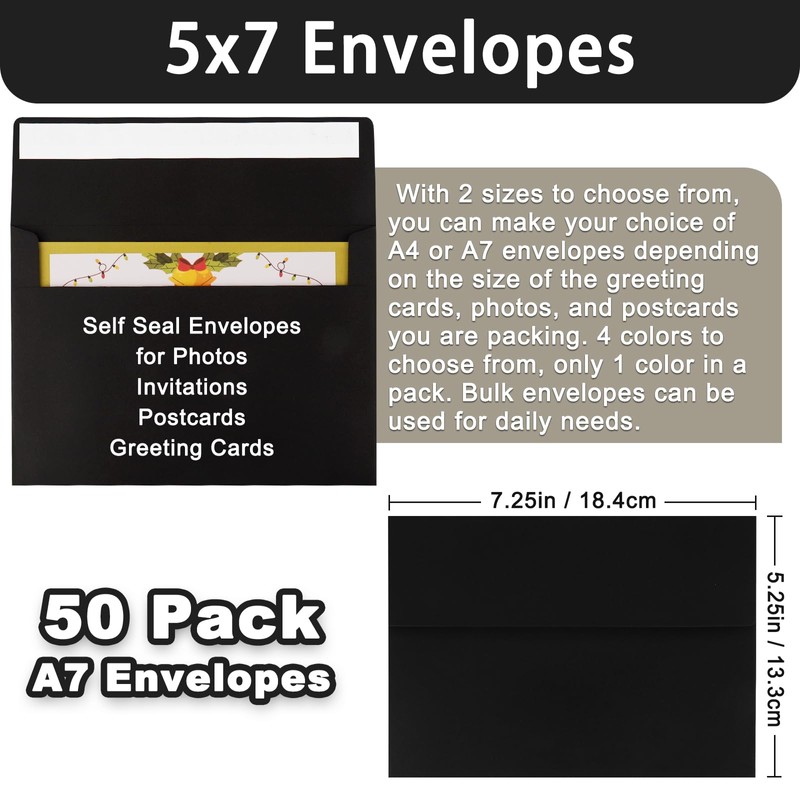 Meiikun Envelopes 5x7, 50 Pack A7 Envelopes Self Seal, Printable