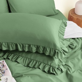 Horbaunal 2 Pack Sage Green Ruffle Pillowcases King Size, 20" x 36" Ruffle Pillow Covers Ultra Soft Microfiber Ruffled Fringe Pillow Shams, Shabby Chic Pillow Cases