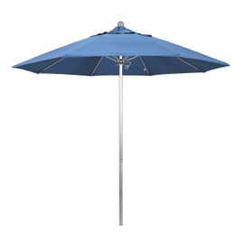 California Umbrella 9' Round Aluminum/Fiberglass Umbrella, Push Open, Silver Pole, Olefin Frost Blue Fabric