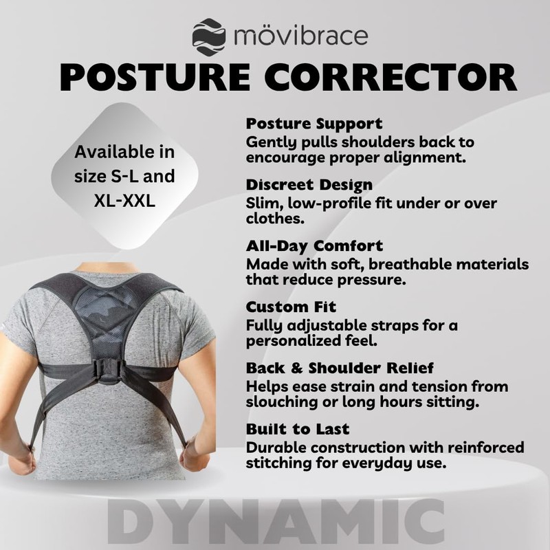 Movibrace Posture Corrector Back Support Brace, Adjustable Shoulder Support, Black