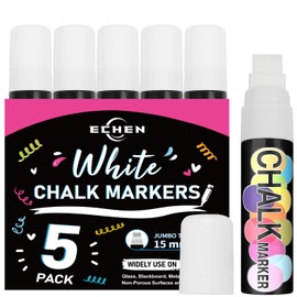 5 Pack Washable Window Markers for Cars, 15mm White Jumbo Liquid Chalk Markers, 3 in 1 Nib, Metallic & Neon Paint Glass Pen for Auto, Chalkboard, Blackboard, Bistro, Menus and Any Non-Porous Surface