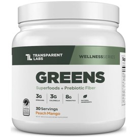 Transparent Labs Prebiotic Greens - Superfood Powder & Antioxidants Supplement with Organic Spirulina, Chloerra, Acacia, & Green Banana Powder - 30 Servings, Peach Mango