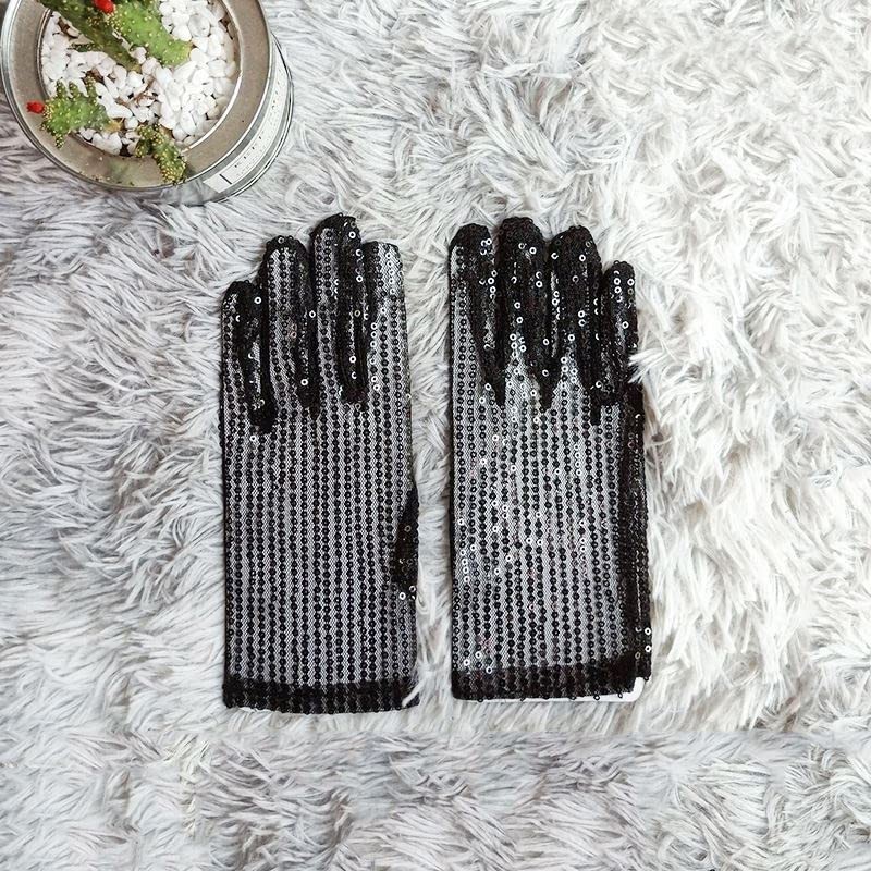 Cadoline Black Womens Sequin Polyester Fancy Dress Gloves 22cm
