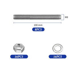 Fourindo Pack of 8 Fully Threaded Rod M8 × 100 mm 304 Stainless Steel, Fully Threaded Rod M8 with 16 Hex Nuts and Washers