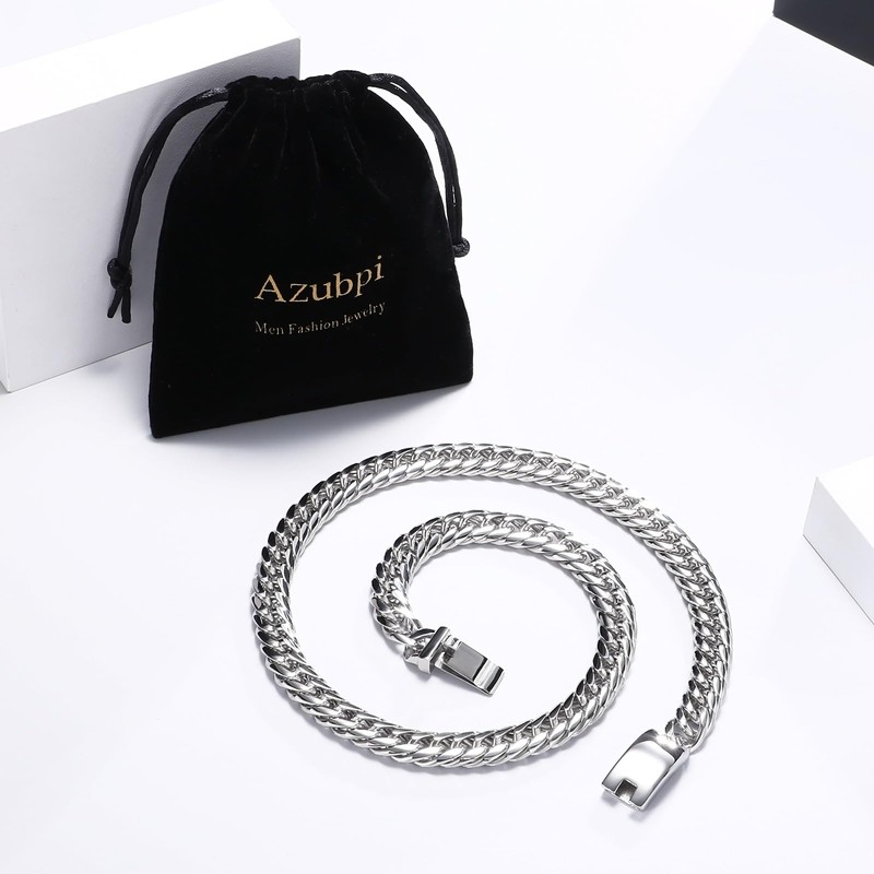 Azubpi Men's Stainless Steel Cuban Link Chain Necklace, Retro Punk