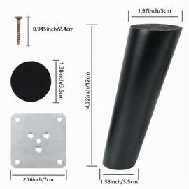 COEWUR Pack of 4 Furniture Feet, Oblique Wood, Black, 12 cm, Furniture Legs, Wood, Round Furniture Legs, Black Slanted with Mounting Plates, Screws and Felt Gliders, Wooden Feet for Furniture, Bed, Sofa, Cabinet, Couch, Chair