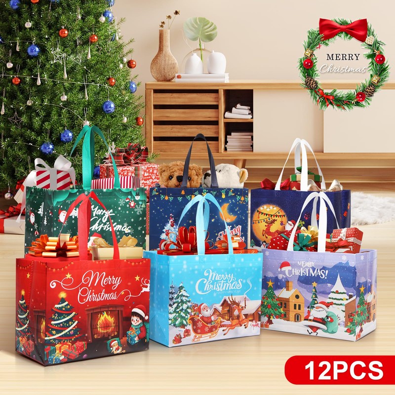 Ceryvop 12Pack Christmas Gift Bags, Reusable large Christmas Tote Bags