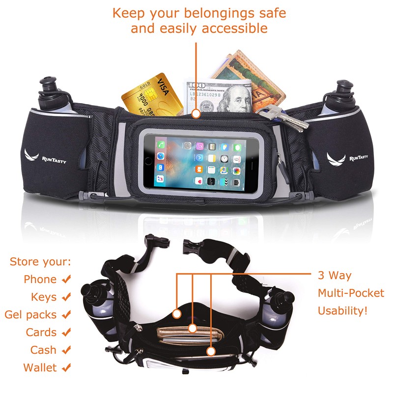 Winners' Dual Pocket Hydration Running Belt; Fits All Smartphones w/Touchscreen-Compatible