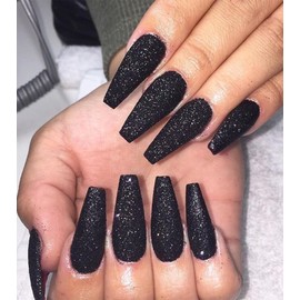 Aegenacess Black Press On Nails Coffin - Long With Glue Stickers, Glitter Stick On for Women, Light Weight in 12 Sizes, 24pcs Fake Nail Kit
