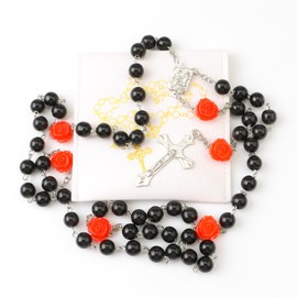 WHLHMK Rosary Beads Catholic for Women With Leather Rosary Pouch, Black Beads Rose Rosary Necklace with White Leather Pouch, Anglican Prayer Beads Christian Gifts for Women Catholic Gifts