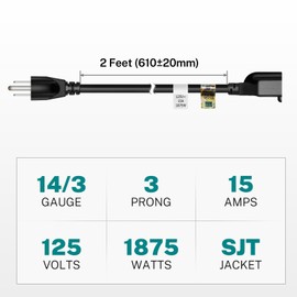 FIRMERST 15 Amp 2 Feet 3 Prong Extension Cord 14 Gauge 1875W Black