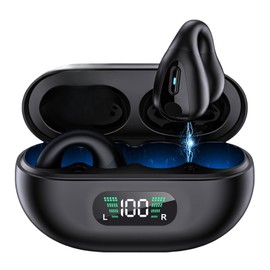 Bone Conduction Headphones, Wireless Headphones ,Clip On Bluetooth 5.3 Ear Buds, Open Ear Headphones Waterproof Noise Cancelling Built-in Mic HIFI Sound Earphones with LED Display Charging Case(Black)