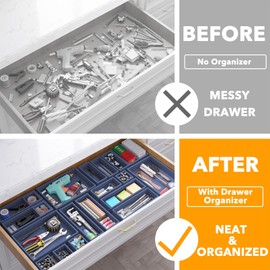 SpaceAid 21-Piece Bamboo Drawer Organizer Storage Boxes Set, Wood Tray Junk Drawer Organizers Multi-Use Divider Bins for Kitchen, Bathroom, Office Desk and Makeup Organization (21 Pack, Navy Blue)