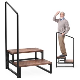 Two steps stool with handle, Steps to high bed and place for The adults & elderly, Metal brackets with soild pine wood steps(650LBs load capacity, Black)