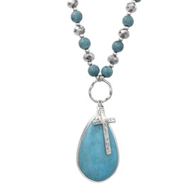 Long Simulated Turquoise & Grey Glass Beaded Boutique Style Chunky Teardrop Charm Pendant Statement Necklac (Cross)
