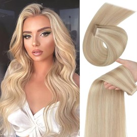 YDDM Tape-In Real Hair Extensions, 20 Pieces, 45 cm, 40 g, Ash Blonde with Bleach Blonde, Invisible Tape Extensions, Real Hair Skin Weft Hair Extensions (18 Inches, P18K/60#)