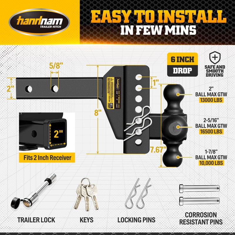 Adjustable Trailer Hitch Ball Mount with 6" Drop/Rise Fits 2"