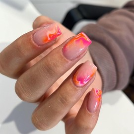 IMSOHOT Square Press on Orange Red Ombre Fake Nails with Designs Glossy Full Cover Acrylic False Summer Stick on Nails for Women Girls