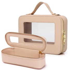 Pinkmik Clear Makeup Bag Portable Brush Bag Transparent Travel Cosmetic Case Clear Toiletry Makeup Bag with Zipper for Women (G/Beige, L+Slim)