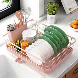 Kitsure Dish Drying Rack- Space-Saving Dish Rack, Dish Racks for Kitchen Counter, Kitchen Drying Rack with a Cutlery Holder, 12''W x 15''L, Pink
