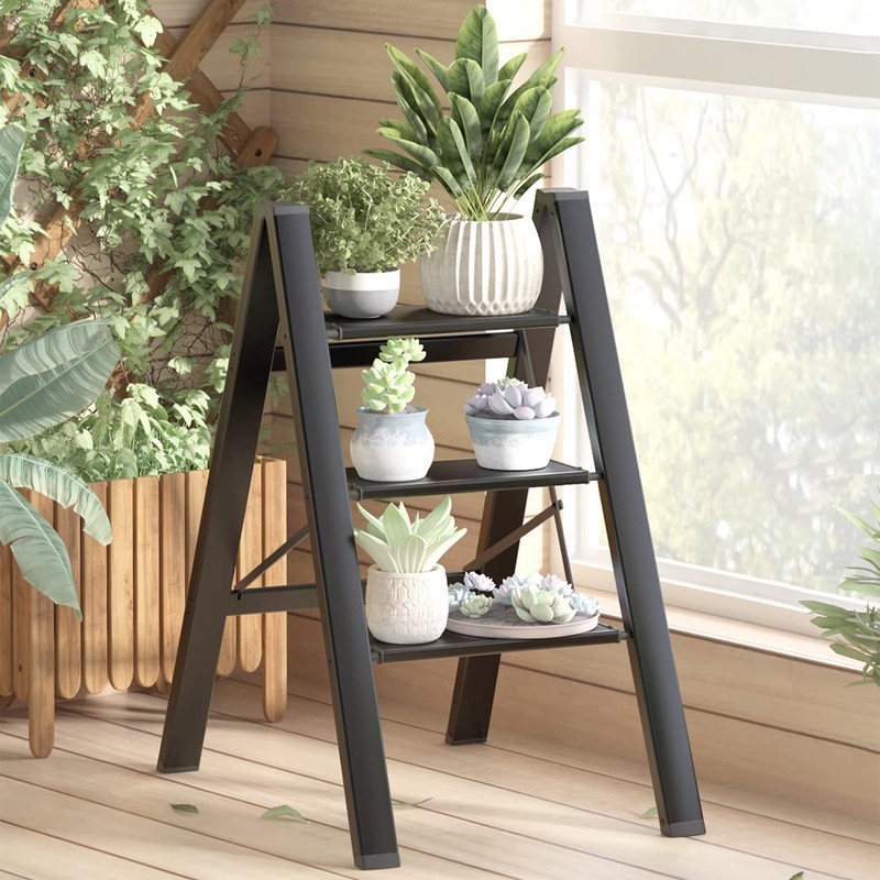 GameGem 3 Step Ladder, Aluminum Folding Step Stool with Anti-Slip