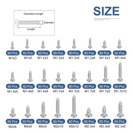 DTGN Carbon Steel Nickel-Plated Mini Screw kit Phillips pan Head Micro Screws Self-Tapping Laptop Notebook Computer Screws Kit,Silver(Size:M1x3-M2.3x8-1440pcs)