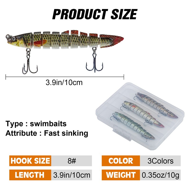 Matymats 6Pcs Pike Fishing Lures, 9 Segmented Multi Jointed, 3.9",