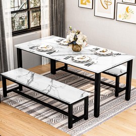 AWQM 47.2" Kitchen Table Set with 2 Benches for 4-6,Faux Mable Dining Table Set for 4,Dining Room Table Set with Metal Frame,Dinette Sets for Breakfast Nook and Small Space, White