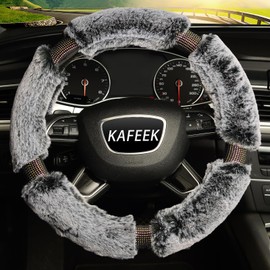 KAFEEK Diamond Fluffy Microfiber Plush Steering Wheel Cover with Bling Bling Crystal Rhinestones for Winter Warm, Universal 15 inch Fuzzy Steering Wheel Cover,Gray