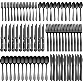 Pleafind 72Pcs Black Silverware Sets for 12 - Dishwasher Safe, Flatware Set with Steak Knives, Stainless Steel Cutlery Set, Include Forks Spoons and Knives Set, Utensil Sets for Home Restaurant