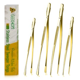 GEEKHOM Fine Long Tweezers Tongs, [4 Pack] 12'' + 10" Stainless Steel Kitchen Tweezers, Professional Chef Tweezers for Cooking, Roasting, Baking, Grilling, Frying, Barbecue, Salad, Dessert, Gold