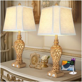 Vintage Table Lamps Set of 2, 28.5'' Tall Antique Gold Bedside Lamps with Fabric Shades, USB A+C Charging Ports & Night Light, Farmhouse Nightstand Lamps for Bedroom Living Room Office (Bulb Included)