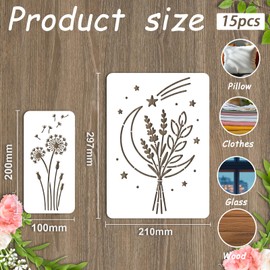 beinkmake 15Pcs Flower Bouquet Stencil PET Painting Templates Moon Inlay Border Stencils for Furniture Reusable DIY Craft for Wall Wood Fabric Canvas Paper Decor 11.7inch, 7.87inch