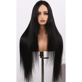 ManeMajesty 34 Inch Lace Front Wigs Human Hair Straight Wear and Go Glueless Wigs Human Hair Pre Plucked Pre Cut T Part HD Lace Front Wig 180% Density Natural Black Layered Wig
