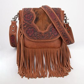 Montana West Genuine Hair-On Cowhide Tooled Fringe Crossbody Bag - Color: Brown
