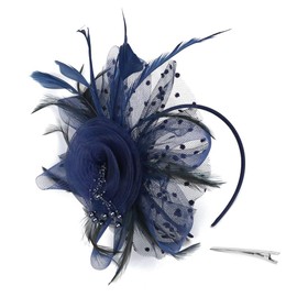 Fascinators Hat Flower Mesh Ribbons Faux Feathers on a Headband and a Forked Clip Tea Party Headwear Flower Mesh Headband Wedding Cocktail Hair Clip for Women(Navy Blue)