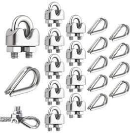 Xialvyu Pack of 20 Stainless Steel Rope Clamps 3 mm with 10 Wire Rope Clips & 10 Thimbles, Wire Rope Clips for Steel Cable, Garden, Construction, Washing Line, Awning