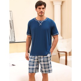 Litherday Men's Pyjamas Set Round Neck Loungewear Short Sleeve Pjs Cotton Nightwear Soft Sleepwear Lightweight with Two Pockets, Blue, XXL