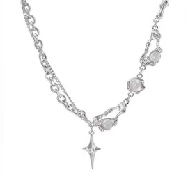 IQIC Y2k Star Necklace for Women Silver Moonstone Safety Pin Pendant Necklace Chunky Layered Gemstone Chain Neckalce Coquette Aesthetic Healing Crystal Y Necklace Statement Grunge Punk Jewelry,