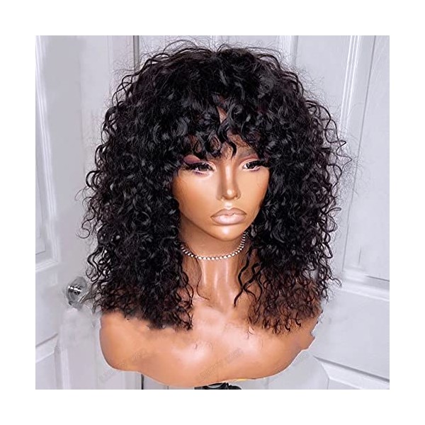 Goldenparty Hair Curly Full Machine Made Scalp Top Wig With Bangs 200 Density Scalp Top Kinky Curly Wigs Remy Brazilian Curly Human Hair Wigs For Women Natural Color 12 Inch