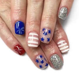 KTAABTR Independence Day Press on Nails Short Square Fake Nails with Stars Fireworks Designs Glossy Acrylic Nails Stick on Nails for Woman Girls DIY Manicure 24Pcs 4th of july Glitter False Nails