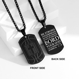 RUOOUY Basketball Bible Verse Cross Necklace for Men Inspirational Bible Verse Dog tag Pendant Stainless Steel Chain 22+2 inch Sports Religious Jewelry Basketball Gift for Men（Be Strong-Black）