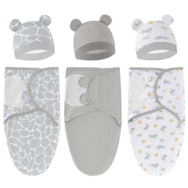 Exemaba Baby Swaddle Sleep Sack with Hat Set for 0-3 months 3-Pack Soft Cotton Newborn Wearable Swaddle Wrap for Girls Boys (Grey Rabbit Set)