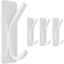 GWAAZXGZ Heavy Duty Adhesive Towel Hooks - Max 18 Lbs Weight Capacity, White Wall Hooks Stick on Wall for Hanging Towel, Robe, Self Adhesive Dual Hooks for Bathroom, Kitchen, 4 Pack