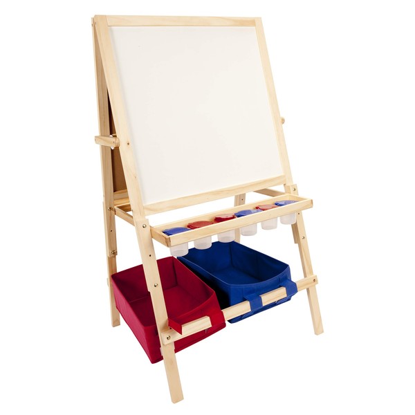 First Impressions Multi-Use Children's Wood Art Easel w/ Paint Brush, Tools, Dry Marker Storage Bins - Light Wood Finish