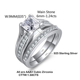 925 Sterling Silver Cubic Zirconia Princess Shape Women's Wedding Engagement Bridal Ring Set