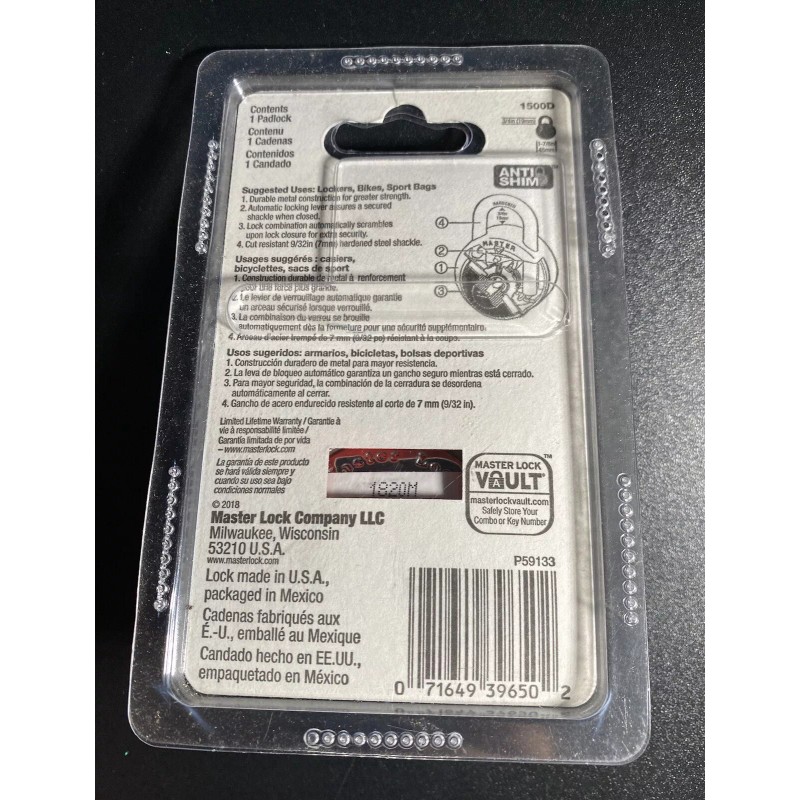 Master Lock Anti-Shim 3-Digit Combination Lock #1500D Black 3/4’ Security