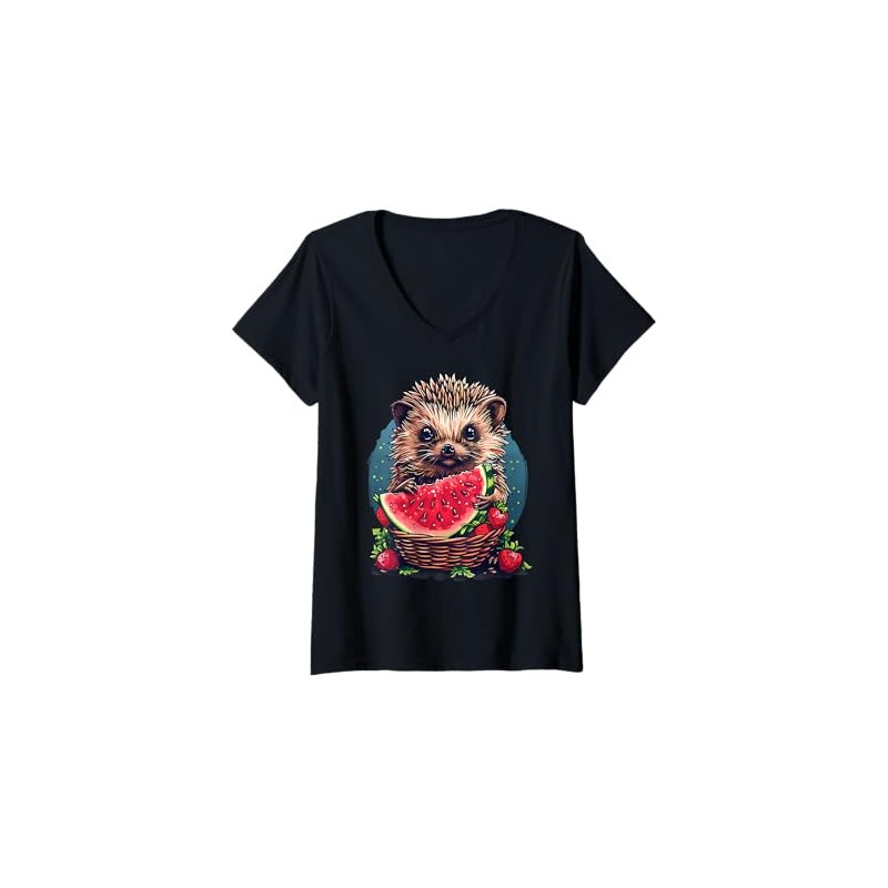 Womens Watermelon Hedgehog Strawberry Artwork Watermelons Fruit V-Neck T-Shirt